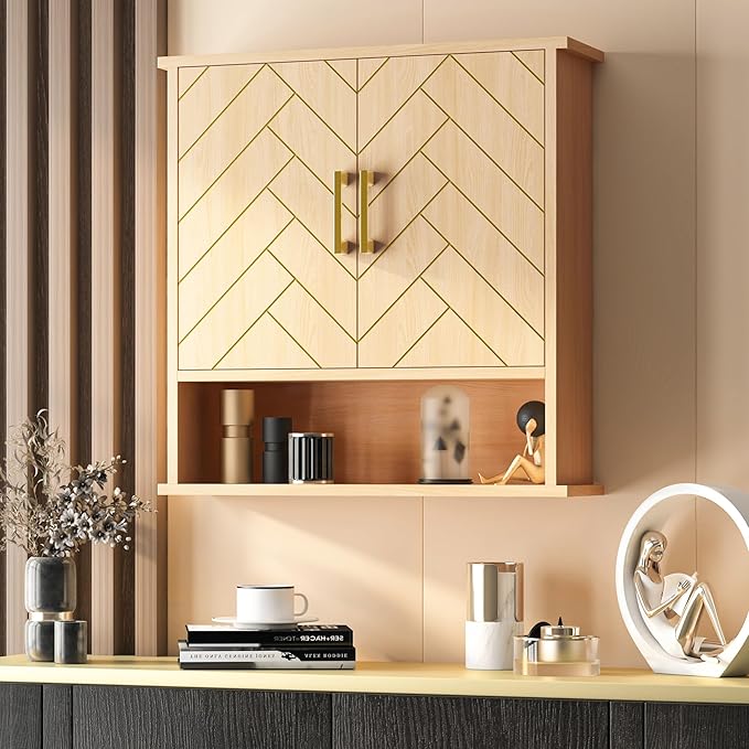 Natural Chevron Pattern Bathroom Wall Mount Cabinet, Gold Accent Hanging Medicine Cabinet with Open Shelf, Over The Toilet Storage Organizer for Home (23 5/8" x 22 7/8" x 7 1/8")