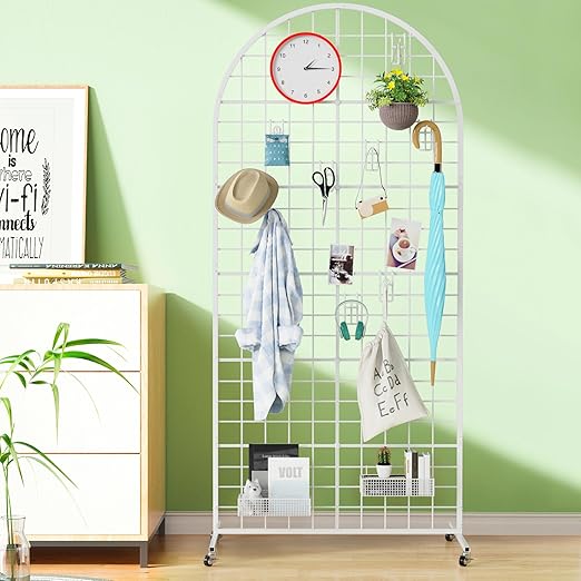 Asee'm Grid Wall Panels Display Stand 2.6' x 5.8' FT White Movable Wire Grid Wall Display Rack Heavy Floorstanding Detachable Girdwall Panel with T-Base for Craft Show Rack, Retail Displays 1PCS