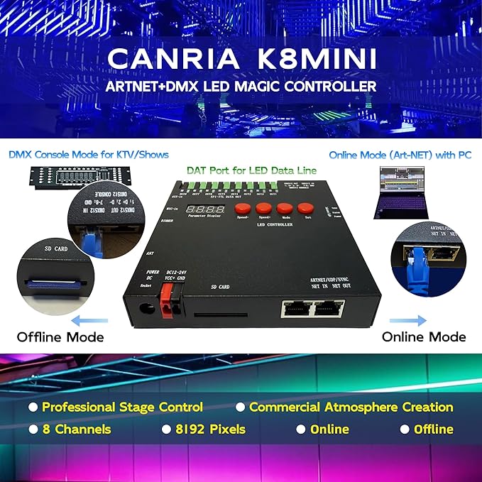 CANRIA K8MINI ARTNET+DMX Console LED Pixel Controller, for SPI-TTL LED Light, Online Offline, Addressable Programmable, 2G SD Card With 96 Program Modes and Offline Software.