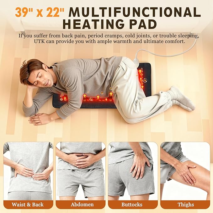 UTK Far Infrared Heating Pad for Back, 5X Pain Relief with Magnets Stone, Jade & Tourmaline, FSA-HSA Eligible Weighted Pad, Hotter to 159℉, 4H Auto-Off, Gift for Women Men, 39'' x 22'' Extra Large