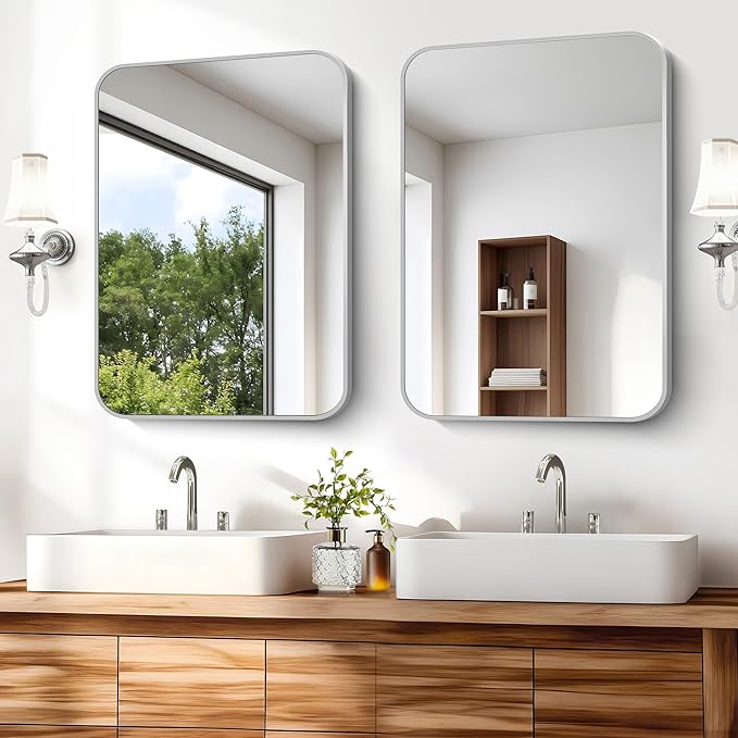 Silver Bathroom Mirror, 18 x 24 Inch Rectangle Mirrors for Wall, Rounded Corner Metal Framed Wall Mounted Mirror for Over Sinks Living Room Bedroom Entryway Hangs Horizontal/Vertical