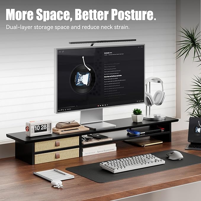 FENSULN Dual‑Tier Monitor Stand Riser with Drawers, Desktop Organizer Shelf Storage for Computer Screen 2 Monitors, Supports for PC Computer Monitor, Printer, Heavy TV Riser Black