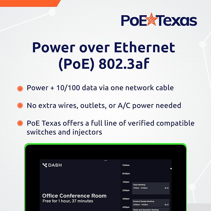 PoE Texas 10" Touchscreen Meeting Room Scheduler Tablet with Highly Visible LED Ring - Plug & Play PoE Office Conference Room Scheduler - Digital Display Syncs with Existing Business Calendar