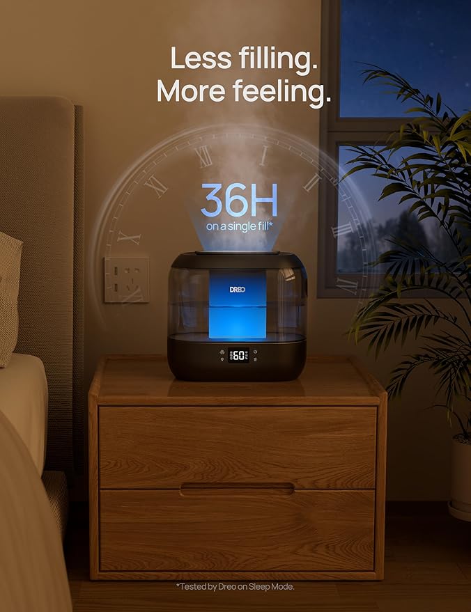 DREO Smart Humidifiers for Bedroom, Top Fill 4L Supersized Humidifier Large Room with 28 dB, 36H Runtime, Touch/APP/Voice Control, Nightlight, Cool Mist Humidifiers for Baby, Plants, Indoor, Ebony