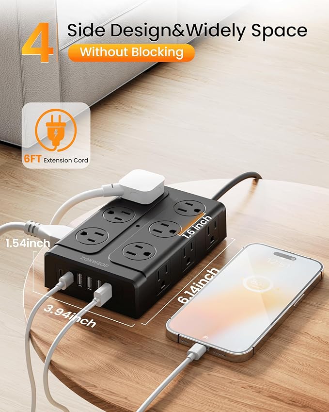 Zoxwzop Surge Protector Power Strip – 10FT Extension Cord with 12-Outlet 4 USB-A & 2 USB-C Ports, 1850W/15A, Flat Plug, Wall Mountable – ETL Listed for Home, Dorm Room