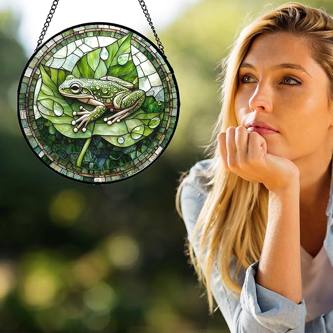 CRISGIF Stained Glass Window Hanging - Cute Frog Suncatcher for Doors Garden Patio Green Leaves Sun Catchers Decor Christmas Mother's Day Birthday Gifts for Women Men Mom Nana Boy Friend 15 in