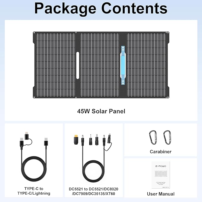E-POWO 45W Portable Solar Panels Chargers with USB-C, USB-A and DC Outputs Foldable IP67 Waterproof Solar Panel for Camping,Power Emergency for Small Power Station,Phones, Power Banks