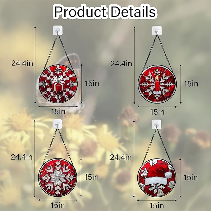 DASTOLL Stained Glass Window Hanging 4 Pcs Set Red Christmas Decorations Theme Large 15" - Suncatcher Door Garden Sun Catcher Decor Birthday for Mom Woman Nana Men Friend Wife