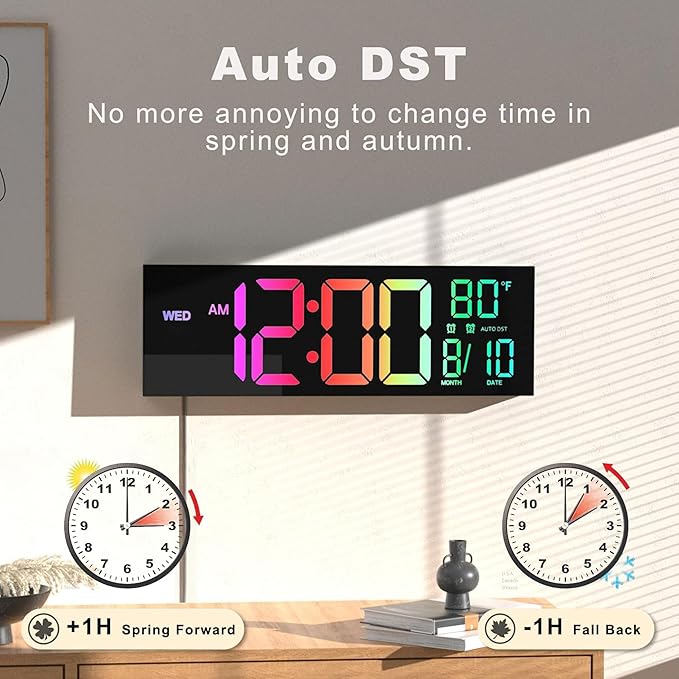 JALL 16" Large Digital Wall Clock, RGB Color with Big LED Display,Remote Control, DST, Count Down Timer, Alarm, Temperature, Mounted for Classroom, Living Room, Birthday Gift, Senior
