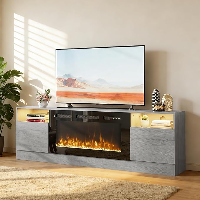 YISUFO 70" TV Stand with 36" Electric Fireplace, Large Modern Media Entertainment Center with Storage Cabinet and 12 Colors LED Lights for TVs Up to 80",Grey and Black
