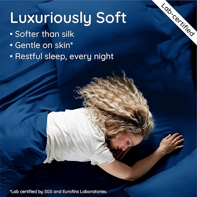 Bambaw 100% Viscose Derived from Bamboo Fitted Sheets Queen Size, Cooling Fitted Sheets Queen Size, 16’’ Deep Pocket Navy Blue Fitted Sheet, Breathable Queen Mattress Fitted Sheet Only (Navy Blue)