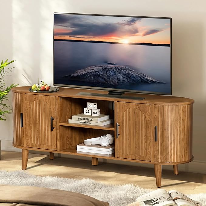 Mxtxmy 51" Fluted TV Stand, Mid-Century Modern Entertainment Center for Tvs up to 60" with Drawers and Fluted Doors, Curved TV Media Console Table with Sliding Doors for Living Room, Bedroom (51")