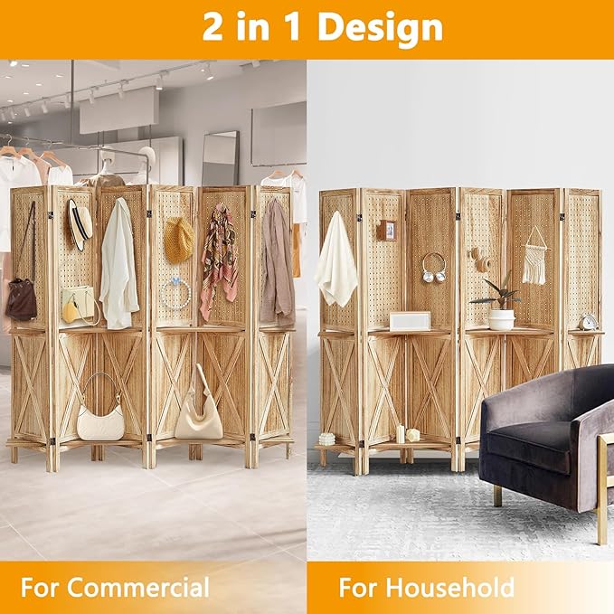 Aleesing 6 Panel Pegboard Display with Shelf, Wooden Pegboard Room Divider Wall with 24 Hooks, Partition Room Dividers and Folding Privacy Screens, Bedroom, Jewelry Store, Natural