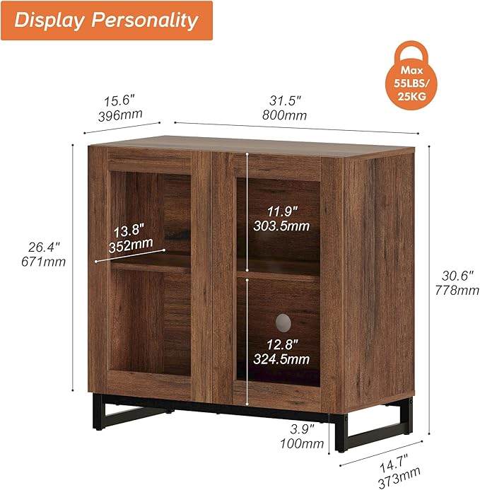 WAMPAT Modern TV Stand with Glass Doors for 32-40 inch TVs, Entertainment Center TV Console with Adjustable Shelves for Living Room, Bedroom, Brown