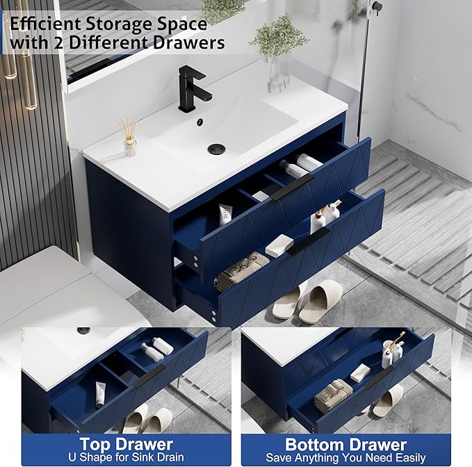 eclife 36" Bathroom Vanities Cabinet with Sink Combo, Wall Mounted Floating Cabinet W/Decor Line, Soft-Close System, 2 Extra Big Drawers, Matte Black Faucet, Navy Blue