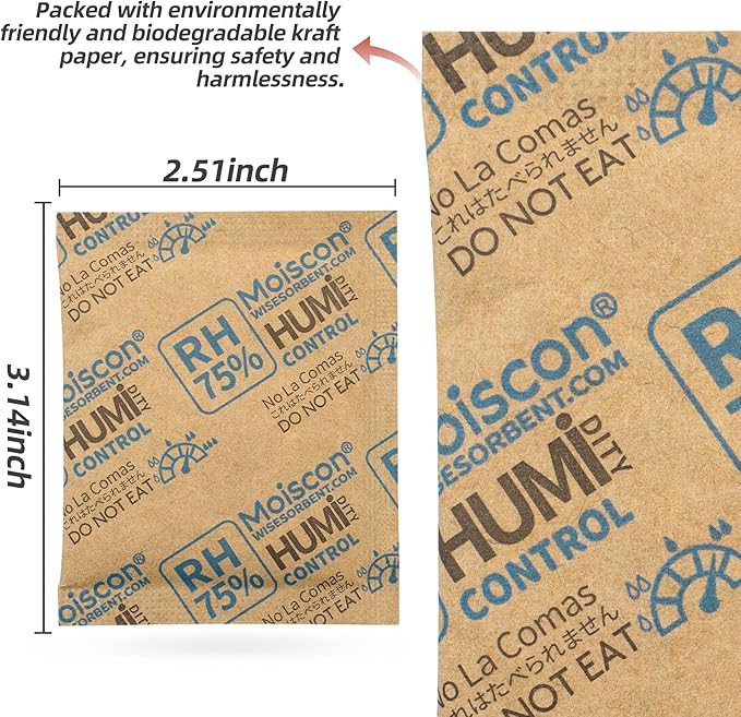 Wisesorb 30 Pack 75% RH Size 8 Two-Way Humidity Control Packs for Storing Up to 5 Items, 8 Gram Moisture Control Packets Individually Wrapped for Small Non-Plastic Travel Cases