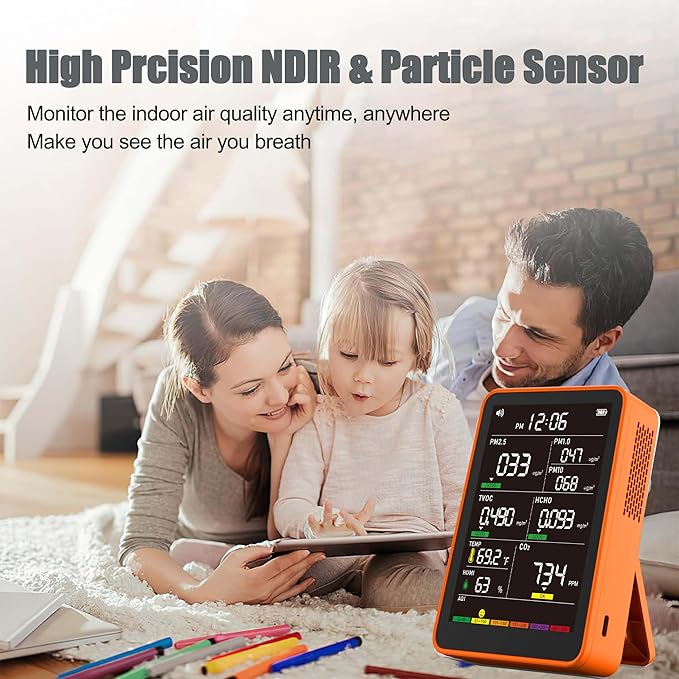 Professional Indoor Air Quality Monitor with AQI Alarms, Portable Real-Time Detector for Home Cars Plants and Pets (Amber Orange)