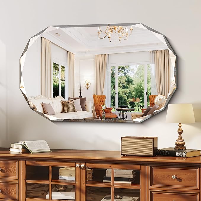 GLASHOM Beveled Edge Frameless Bathroom Mirror, Oval Wall Mirror for Over Sink, 28" x 48" Modern Decorative Vanity Mirror for Bedroom, Living Room, Entryway, Hanging Mirror Horizontal or Vertical