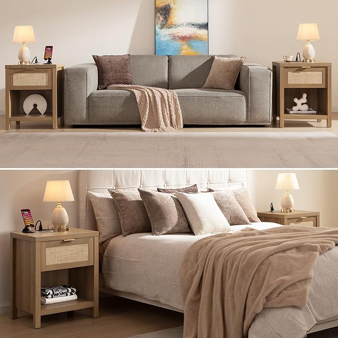 SICOTAS Rattan Night Stand with Charging Station - Farmhouse Nightstand with Type-C and USB Ports, Boho Accent Bed Side Table with Drawer and Open Shelf for Bedroom Small Space, Oak