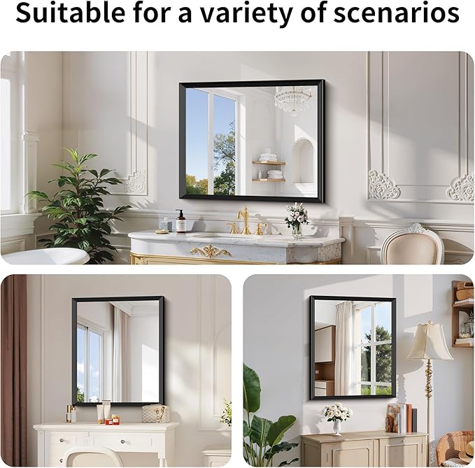 Black Bathroom Mirror 30 x 36 Inch Rectangle Wave Beveled for Wall Bathroom Vanity Mirror for Over Sink, Tempered Glass,for Entryway Hangs, Bathroom Living Room Horizontal or Vertical