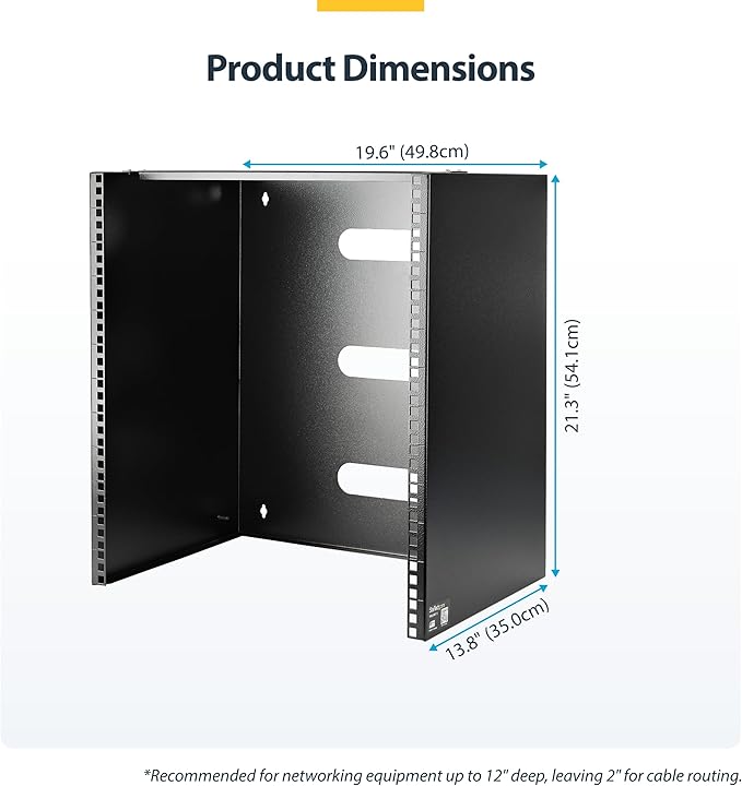 StarTech.com 12U Wall Mount Patch Panel Bracket - 13.75 in. (34.93 cm) Max. Mounting Depth - 19" Patch Panel Rack for Shallow Network Equipment- 125lbs Capacity, TAA (WALLMNT12)