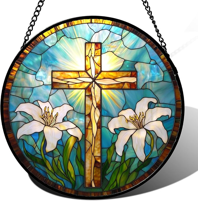 DASTOLL Christian Gifts for Women - Cross Stained Glass Window Hanging Jesus Easter White Lily Flower Sun Catcher Garden Religion Decor Mother's Day Catholic Gift for Men Grandma Mom Her Nana 7.8"