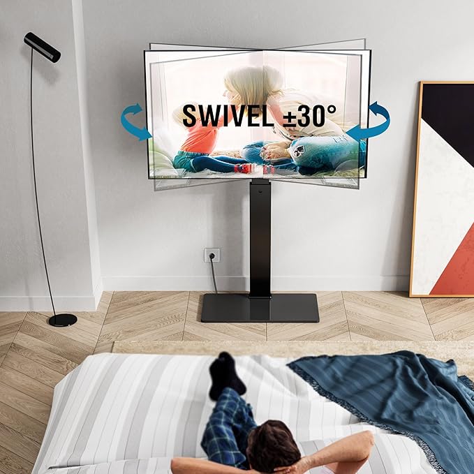 FITUEYES Floor TV Stand for 32-75 inch TV with Power Outlet, Tall TV Stand for Bedroom Living Room with Tempered Glass Base, Floor TV Mount Holds Up to 88lbs MAX VESA 600x400mm,Black
