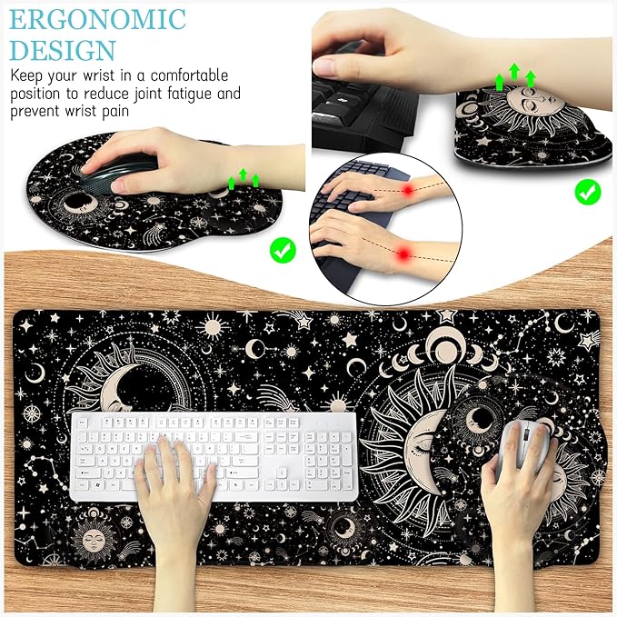 LIMKRIAN Sun Moon Mouse Pad Set Desk Mat Pad, XXL Large Gaming Mouse Pad with Wrist Rest, Ergonomic Mouse Pad, Keyboard Wrist Rest, Coaster, Home Office Desk Accessories Decor Supplies, Boho Abstract