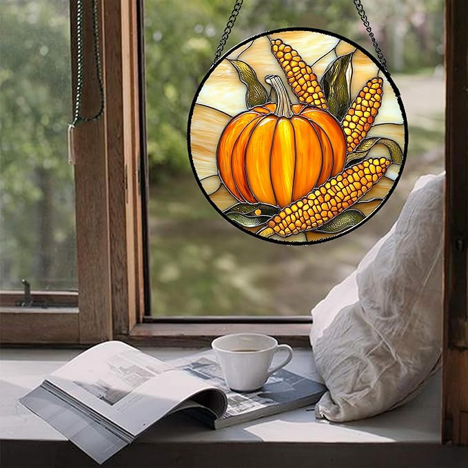 DASTOLL Stained Glass Window Hanging Autumn Harvest Pumpkin Corn Large 15" - Suncatcher Door Garden Kitchen Sunroom Sun Catcher Fall Home Decor Birthday for Mom Grandma Men Woman