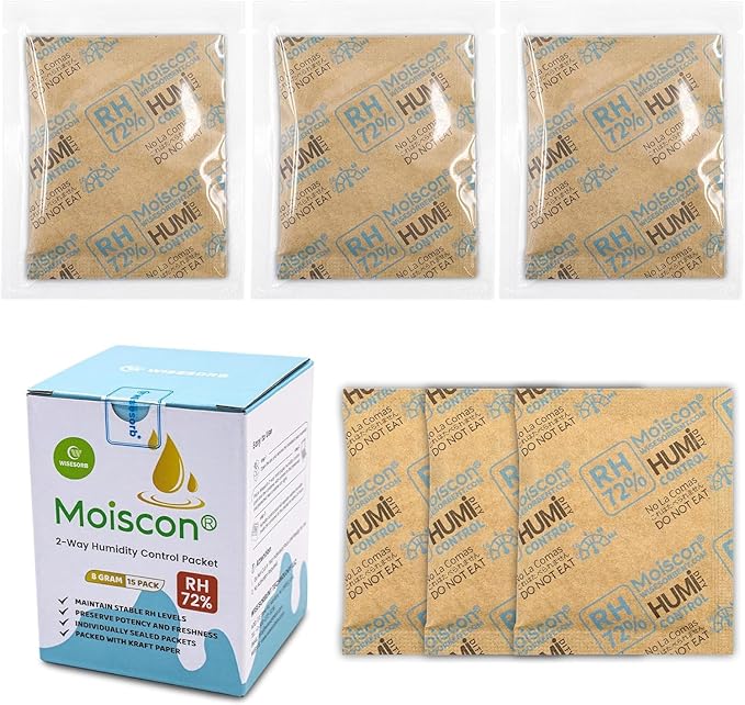 Wisesorb 72% Two-Way Humidity Control Packs- 8 Gram Moisture Absorbers for Herbs, Wood Humidifier Boxes - Natural Craft Paper Design, Individually Sealed Packets, Prevents Leaks [15 Pack]