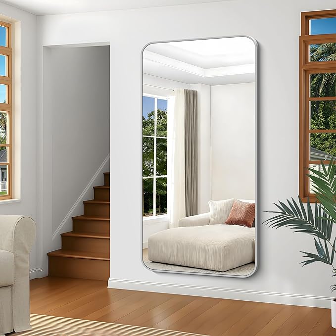 Silver Bathroom Mirror, 72 x 36 Inch Large Rectangle Mirror, Rectangular Vanity Mirror Aluminum Metal Frame, Rounded Corner Wall Mirror for Living Room Bedroom Entryway Horizontal/Vertical