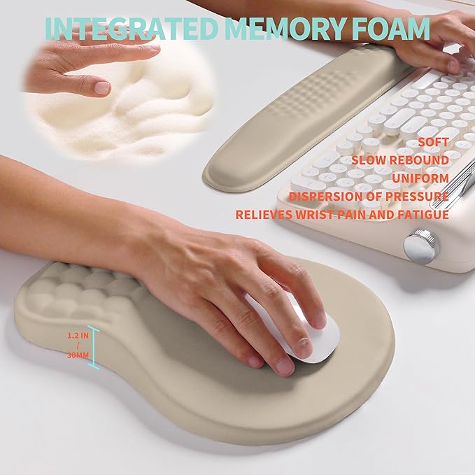 KUOSGM 2-in-1 Ergonomic Set, Wave Rise Keyboard Wrist Rest and Massage Bulge Slope Mouse Pad Wrist Support, Cushion Memory Foam Integrated to Relieve Wrist Pain, Apricot