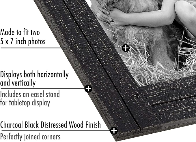 Americanflat Hinged 5x7 Double Picture Frame with 2 Photo Openings and Polished Glass - Distressed Wood Collage Picture Frames for Tabletop and Wall Display - Hampton Collection - Charcoal Black