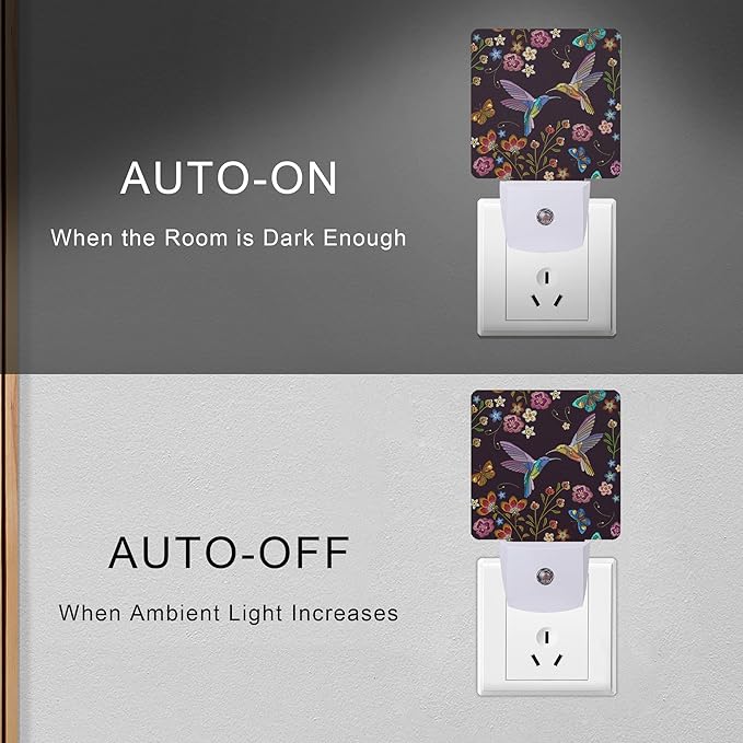 Smoaffly Vintage Hummingbird Butterfly Flowers Night Light Plug-in LED Nightlights Auto Sensor Night Lamp Dusk-to-Dawn Lamp Home Decor for Nursery Children Girls Boys