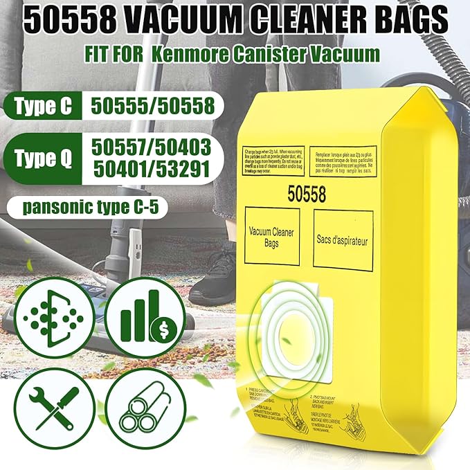 DTESL 50 Pack Vacuum Cleaner Bags Fit for Kenmore Canister Type C/Q 5055 50555 50557 50558 and Pana·sonic Type C-5 C-18, 200 Series, 400 Series, 600 Series, 700 Series, 800 Series (50 Pack)