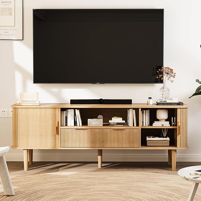 DAMCROP 62.4 Inch Fluted TV Stand, Modern Media Console Table with Sliding Tambour Door Farmhouse Sideboard Buffet Cabinet Fits TVs up to 75 inch, Wood Entertainment Center for Living Room(Oak)