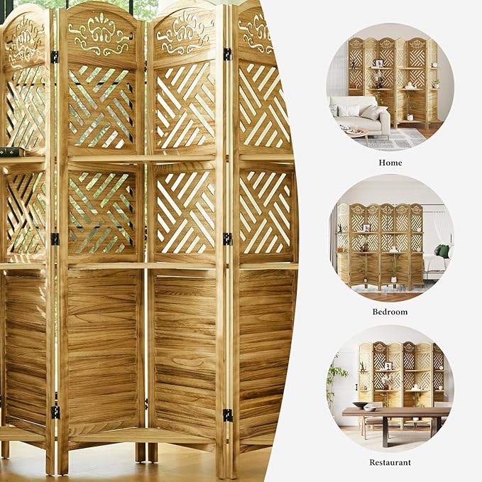 Svimi Room Divider with Shelves, 68.9inch Wood Carved and Louvered Wall Divider Freestanding, 6 Panels Folding Partition Screen for Bedroom Home Office (Natural)