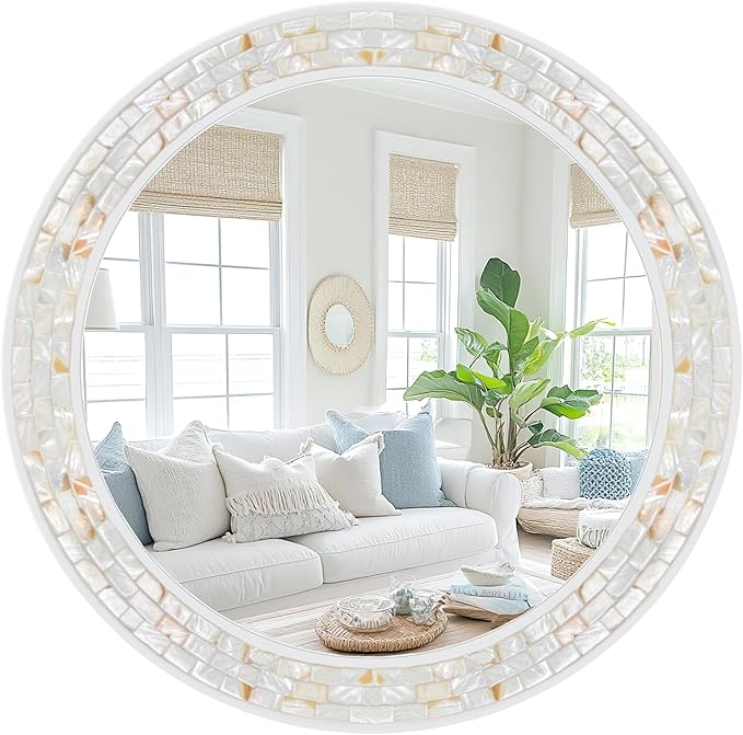 Tanmicoshomy Round Wall Mirror 30 Inch, Natural Shell Framed Circle Mirrors with Tempered Glass for Coastal Bathroom Bedroom Living Room or Entrayway