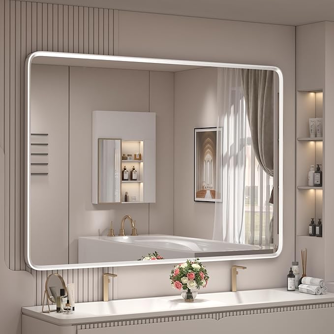 44x30 Inch Silver Framed Mirror, Silver Bathroom Vanity Mirror for Wall, Brushed Nickel, Rounded Rectangle Mirror, Shatterproof, Anti-Rust (Horizontal/Vertical)