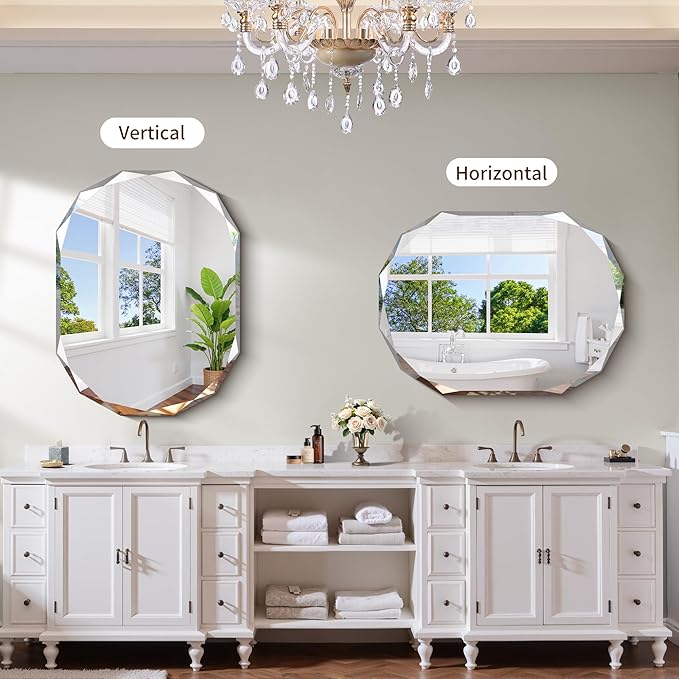 GLASHOM Frameless Bathroom Mirror, 30x40 inch Frameless Wall Mirrors Beveled Edge Wall Mounted, Oval Mirror for Bathroom, Living Room, Over Sink, Entryway Mirror Horizontal or Vertical