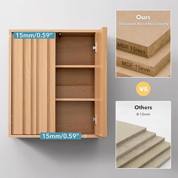 Fluted Wall Cabinet for Bathroom, Modern Wood Hanging Storage Organizer with Push-to-Open Doors, Sturdy 15mm Thick Board, Adjustable Shelves, Over Toilet Medicine Cabinet, Natural Oak Finish