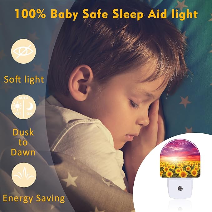 sndheke Sunflowers with Sunset Night Light for Kids,Blooming Summer Sunflowers Night Light Plug in with Dusk to Dawn Sensor,0.5w Energy Saving Nightlight for Hallway Stairway Kitchen Bedroom