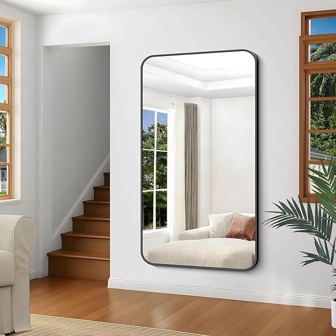 Black Bathroom Mirror, 66x36 inch Aluminum Metal Frame Rectangular Vanity Mirror, Large Wall Mounted Rectangle Mirrors with Rounded Corner for Over Sink Bedroom Living Room Horizontal/Vertical