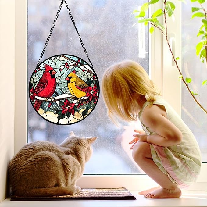 DASTOLL Stained Glass Window Hanging, Love Birds Cardinals Sun Catchers Colorful Glass Panel Birds Suncatcher Decor for Birthday for Women, Men, Wife, Lovers, and Mom 9.8 in