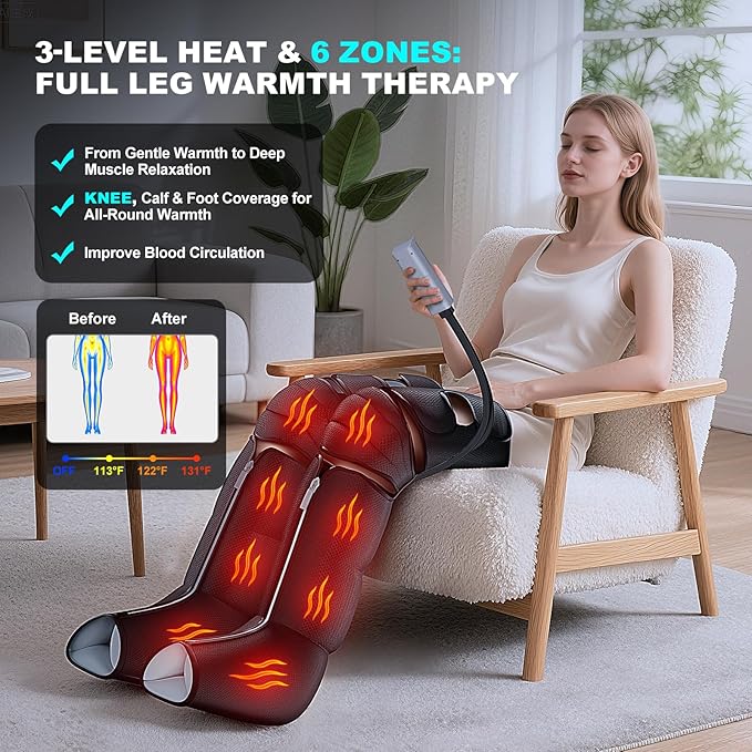 Leg Massager with Heat and Compression, Foot Massager for Circulation and Pain Relief, 3 Timers, 12 Intensity, 6 Modes,3 Heating with Knee Massager,Gift for Man Woman Parents,Black