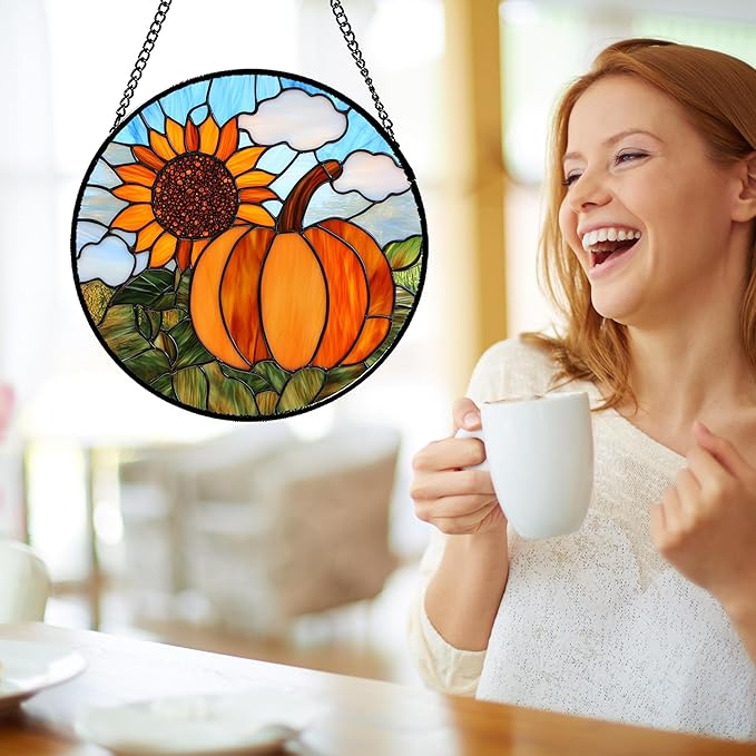 DASTOLL Stained Glass Window Hanging Fall Farm Scenery Sunflower Pumpkin 7.8" - Suncatcher Door Garden Kitchen Sunroom Sun Catcher Home Decor Birthday for Mom Grandma Men Woman