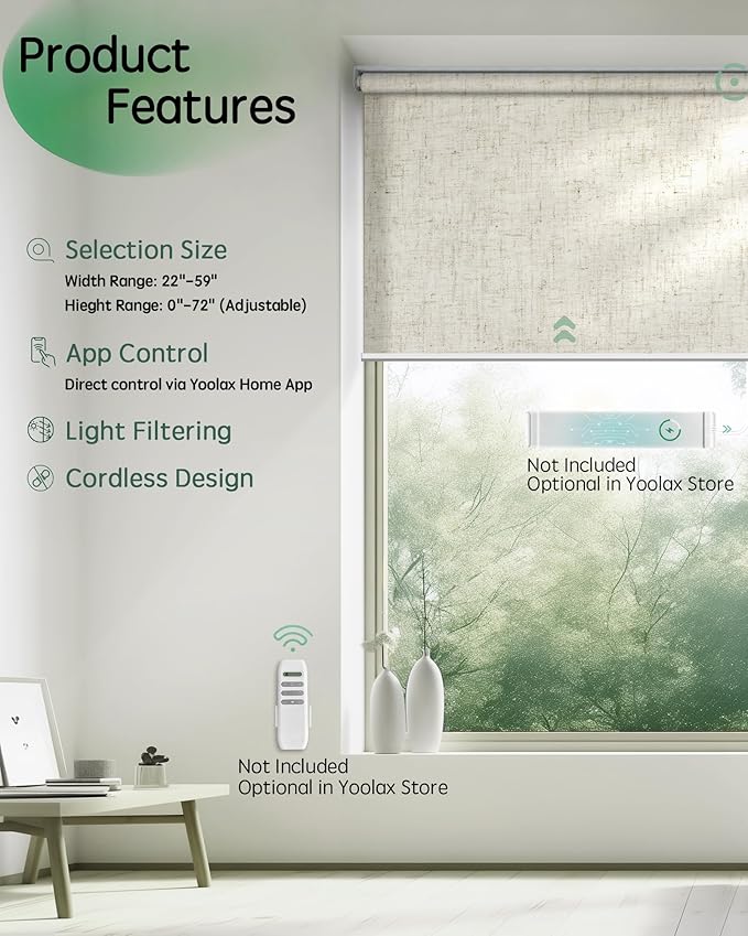 Yoolax Motorized Blinds App Control, Light Filtering Motorized Shades for Windows, Cordless Automatic Roller Shades for Bedroom Living Room Office(Light Filtering Linen Beige, 48" W x 72" H)