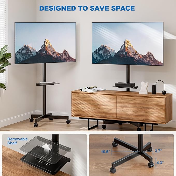 HOLMAXD Mobile TV Stand for 23-65 Inch LCD LED Flat/Curved Panel Screen TVs, Height Adjustable Rolling Floor TV Cart with Tilt Mount and Shelf, Portable Stand Holds up to 110 lbs, Max VESA 400x400mm