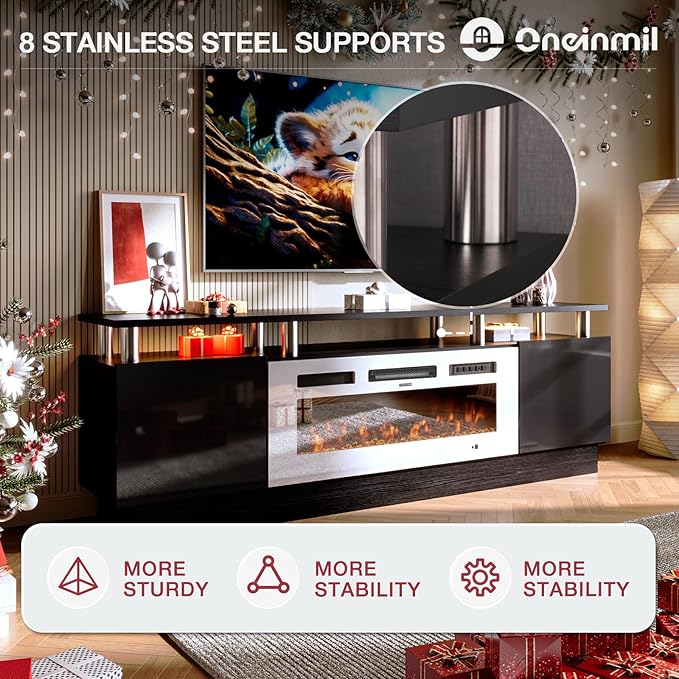 oneinmil Fireplace TV Stand with 36” Electric Fireplace, 70” 2 Tier TV Console Stand for TVs Up to 80", LED Light Entertainment Center, Fireplace for The Living Room TV Stand, Black