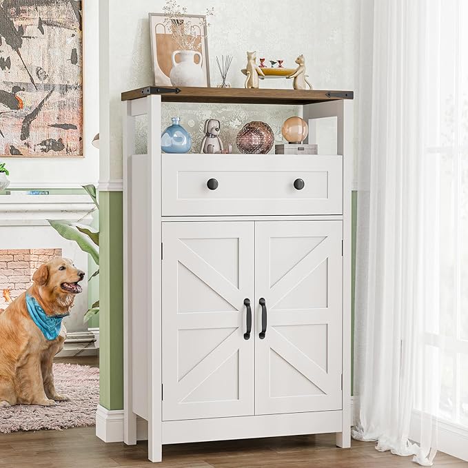 Farmhouse Bathroom Storage Cabinet with Barn Doors, Bathroom Storage Organizer with Drawers, Rustic Freestanding Floor Cabinet for Kitchen, Living Room, White